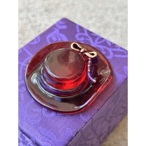 Vtg RED HAT SOCIETY 2” Blown Stained Glass Hat w/ Purple Leaf And Bow With Box - Picture 3 of 10